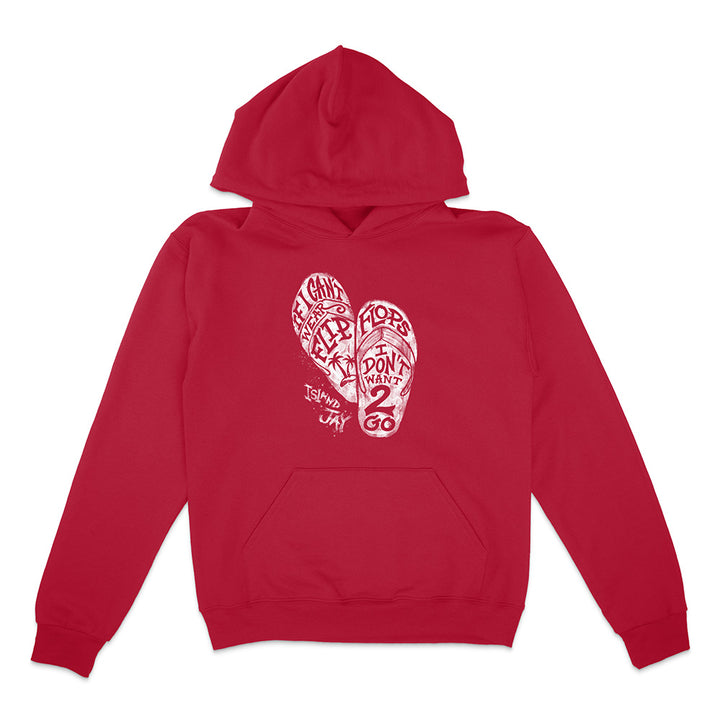 Red hoodie with white graphic design on a white background