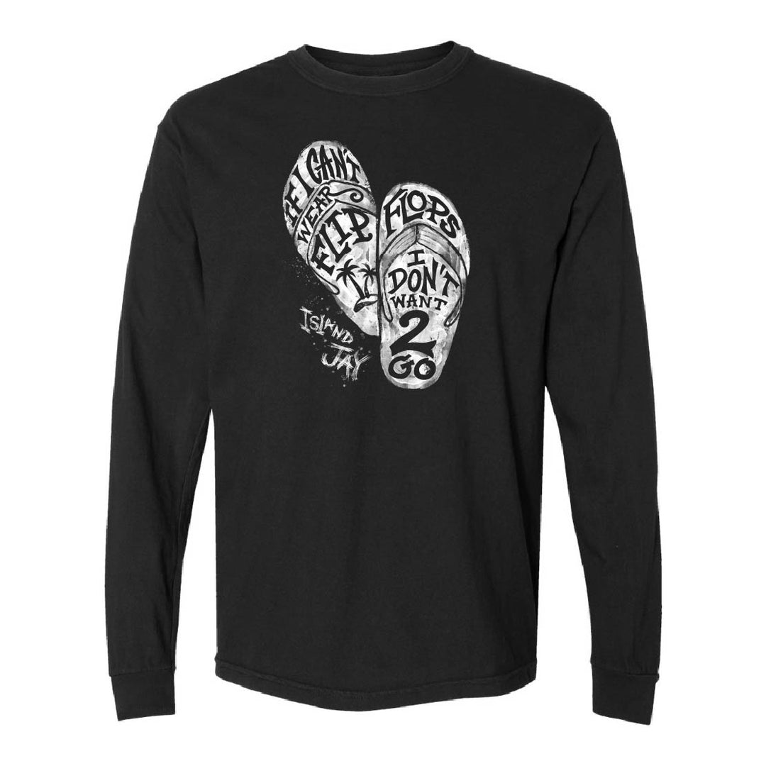 Black long-sleeve shirt with flip-flop graphic and text on a white background