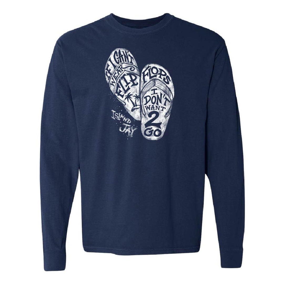 Navy blue long-sleeve shirt with white graphic design on a white background