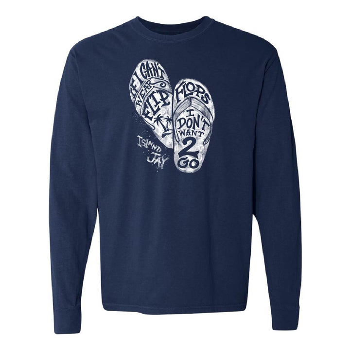 Navy blue long-sleeve shirt with white graphic design on a white background