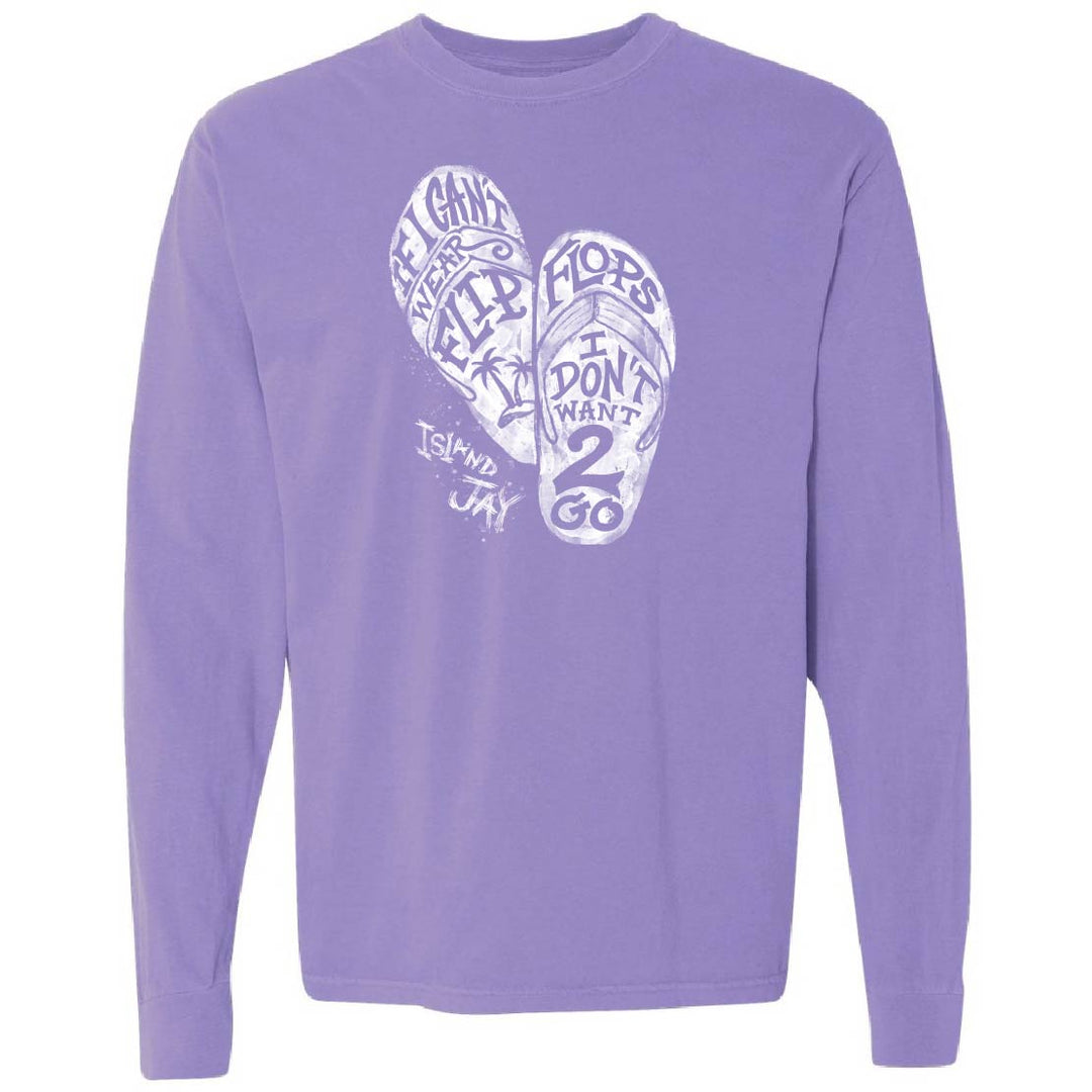 Purple long-sleeve shirt with white flip-flop graphic and text on a white background