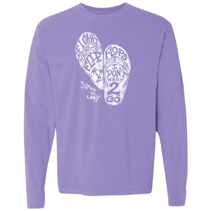 Purple long-sleeve shirt with white flip-flop graphic and text on a white background