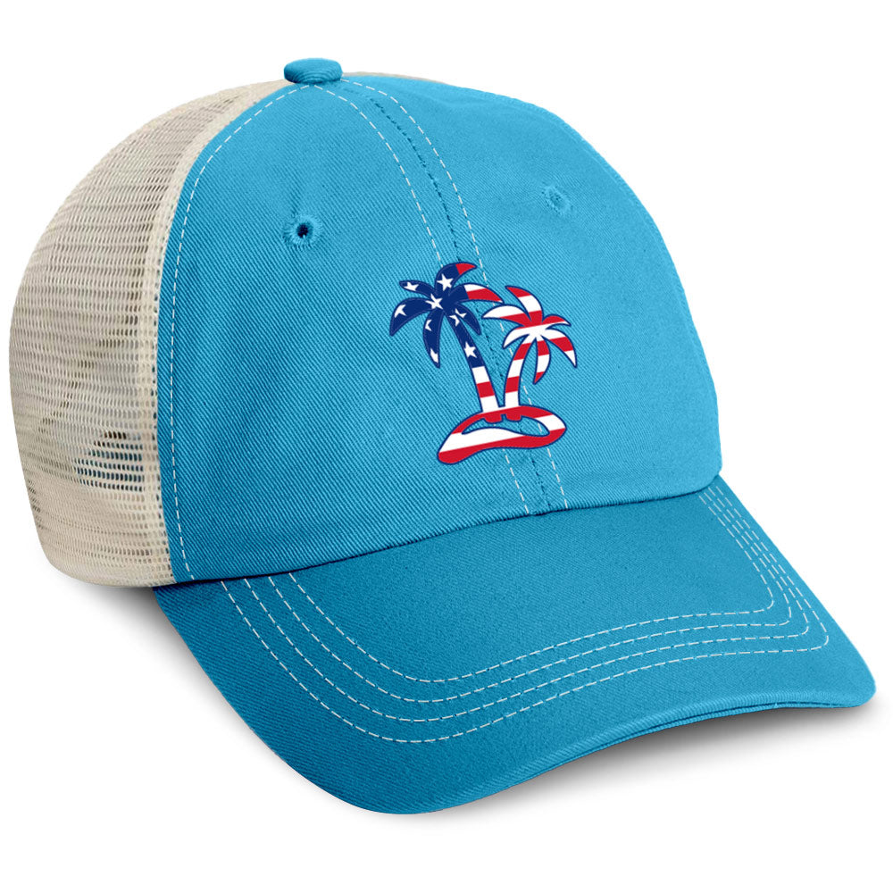 Island Jay Palm USA Flag Trucker Hat Caribbean Blue