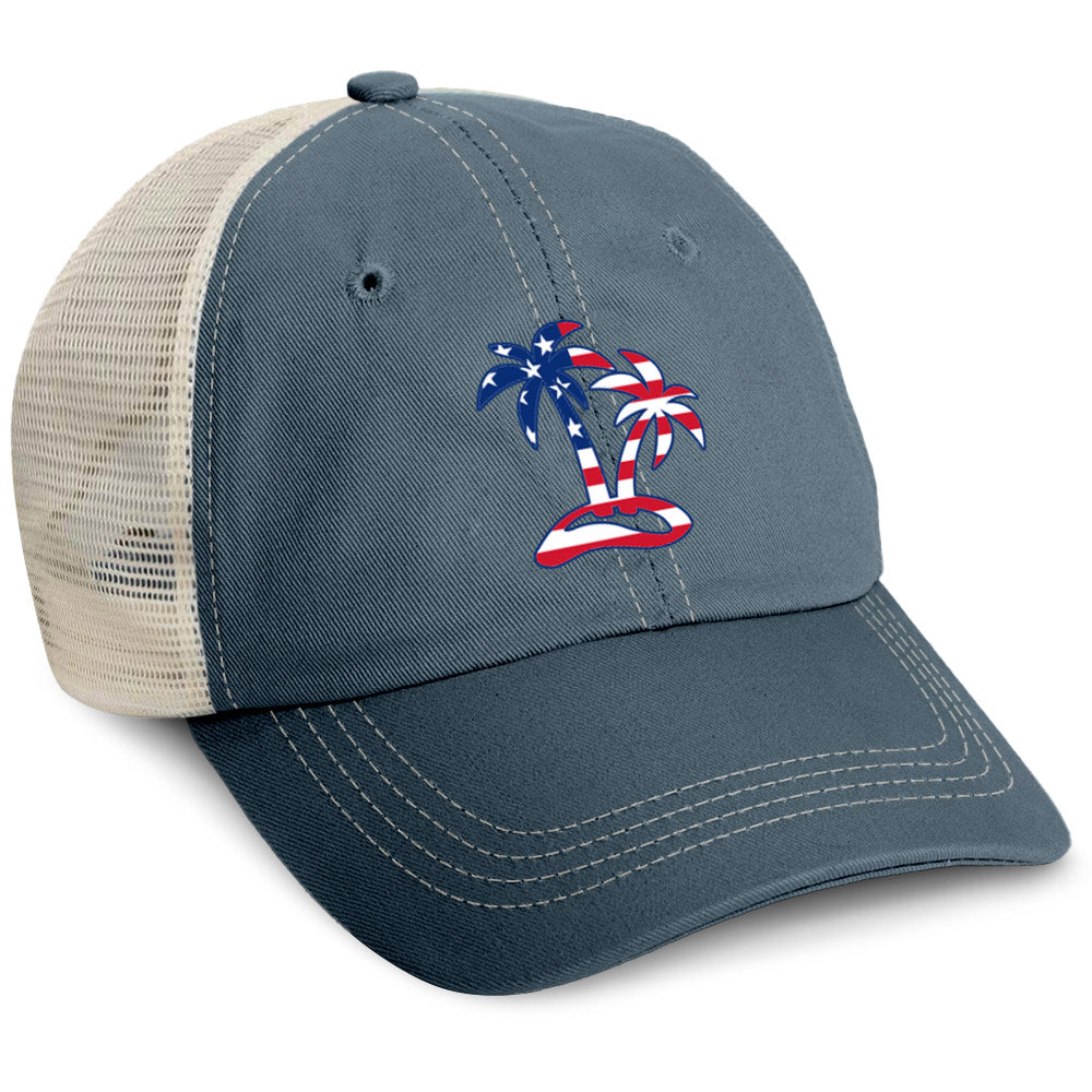 Island Jay Palm USA Flag Trucker Hat Midnight Blue