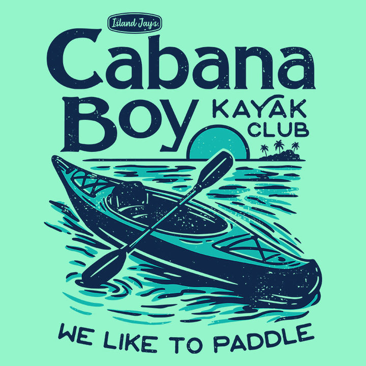 Cabana Boy Kayak Club T-Shirt, Featuring an image of a Kayak with the slogan We Like To Paddle. 