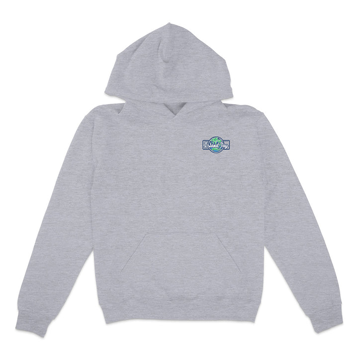Gray hoodie with a logo on the chest against a white background