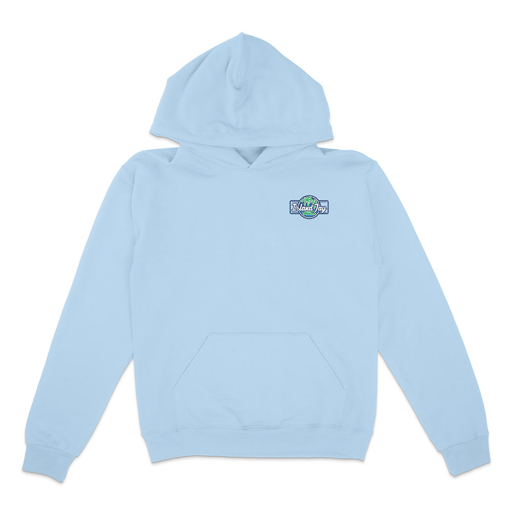 Light blue hoodie with a logo on the chest against a white background