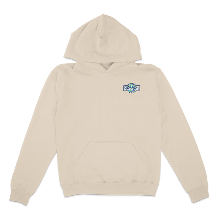 Beige hoodie with a logo on the chest against a white background