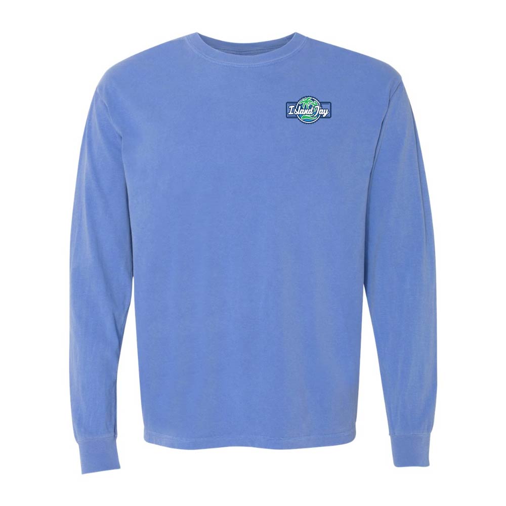 Blue long-sleeve shirt with the Island Jay logo on the chest.