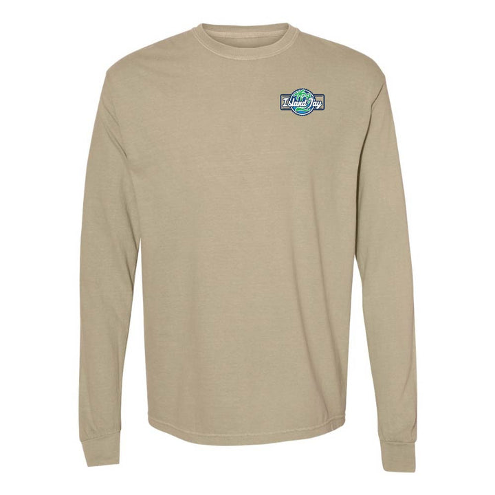 Khaki long-sleeve shirt with the Island Jay logo on the chest.