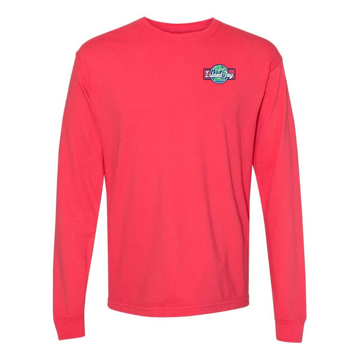 Red long-sleeve shirt with the Island Jay logo on the chest.