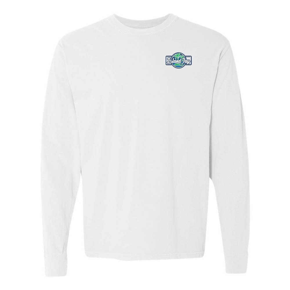 White long-sleeve shirt with the Island Jay logo on the chest.