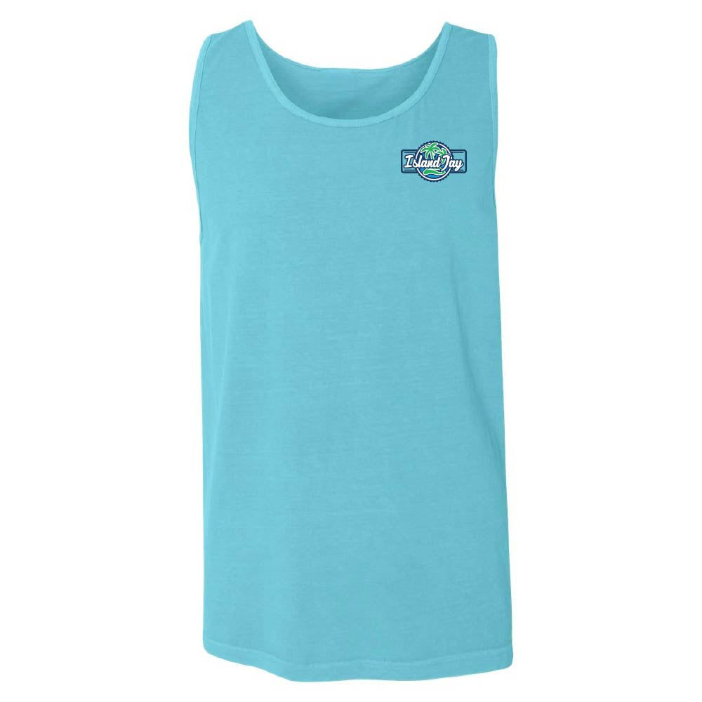 Blue tank top with the Island Jay logo on the chest.