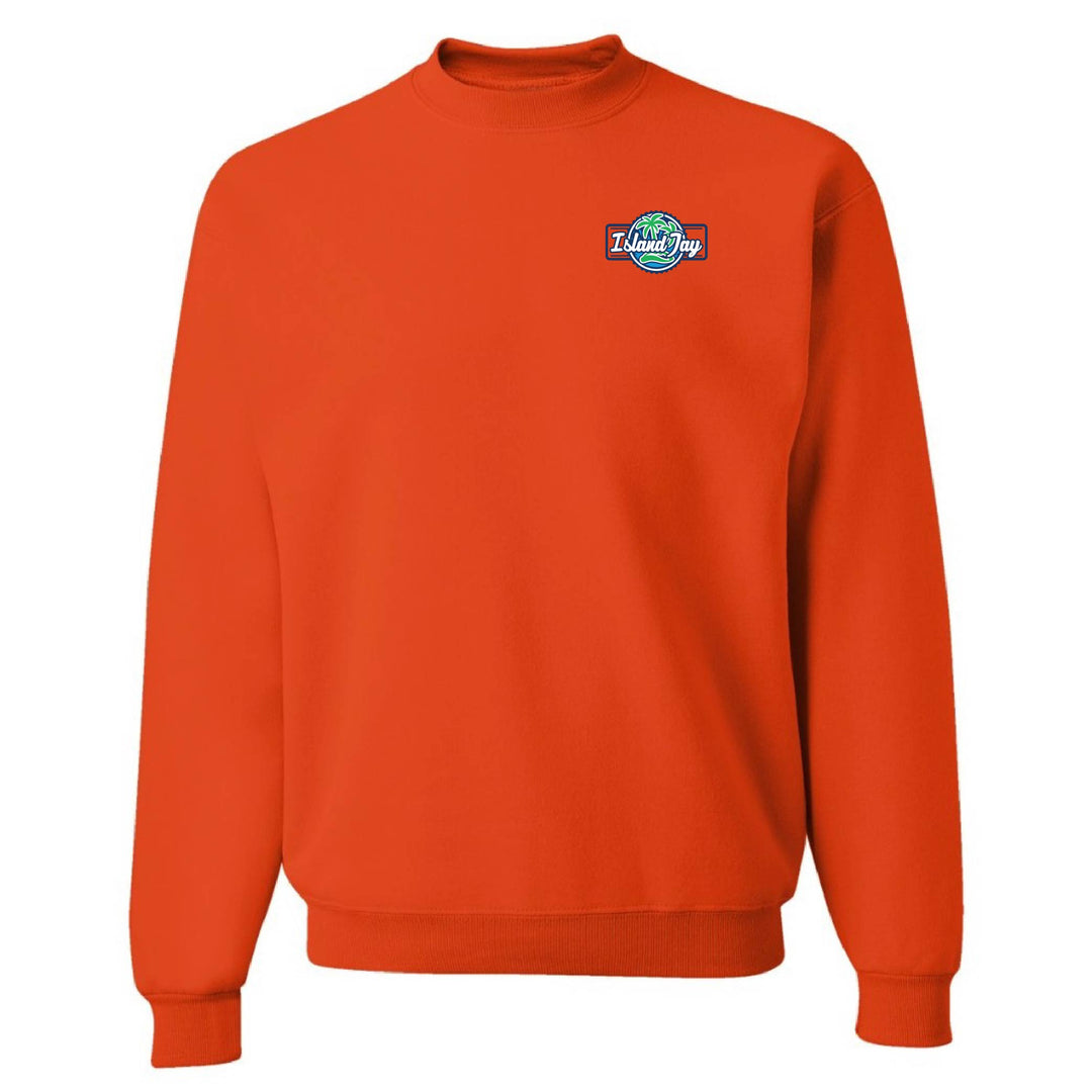 Orange sweatshirt with a logo on the chest against a white background