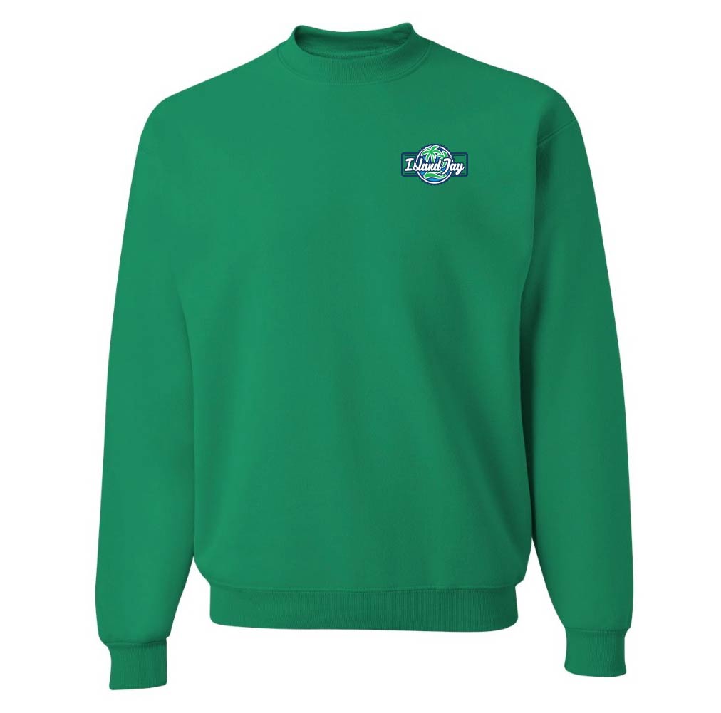 Green sweatshirt with a logo on the chest against a white background