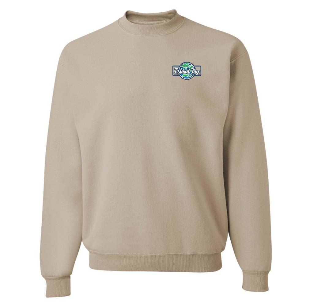 Beige sweatshirt with a logo on the chest against a white background