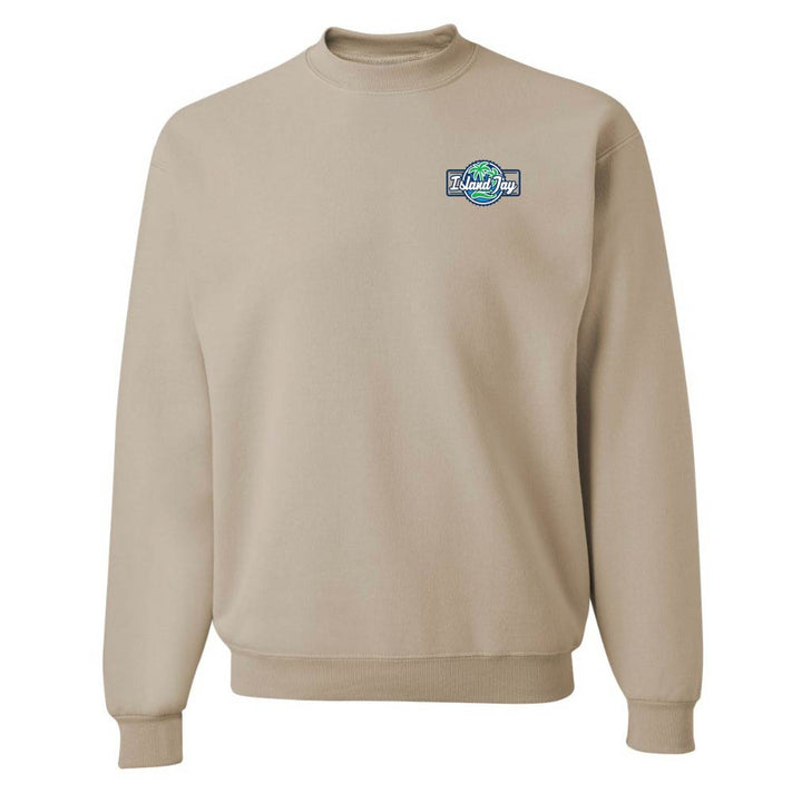 Beige sweatshirt with a logo on the chest against a white background