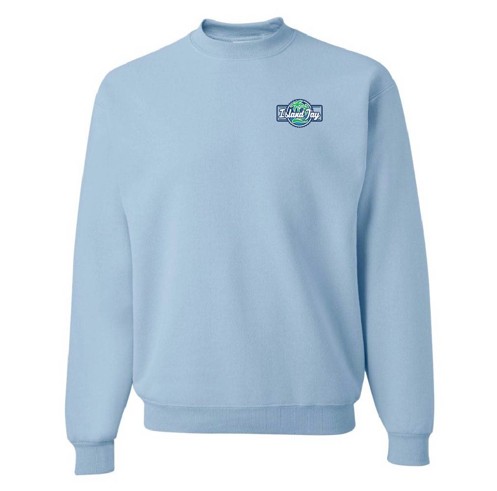 Light blue sweatshirt with a logo on the chest against a white background