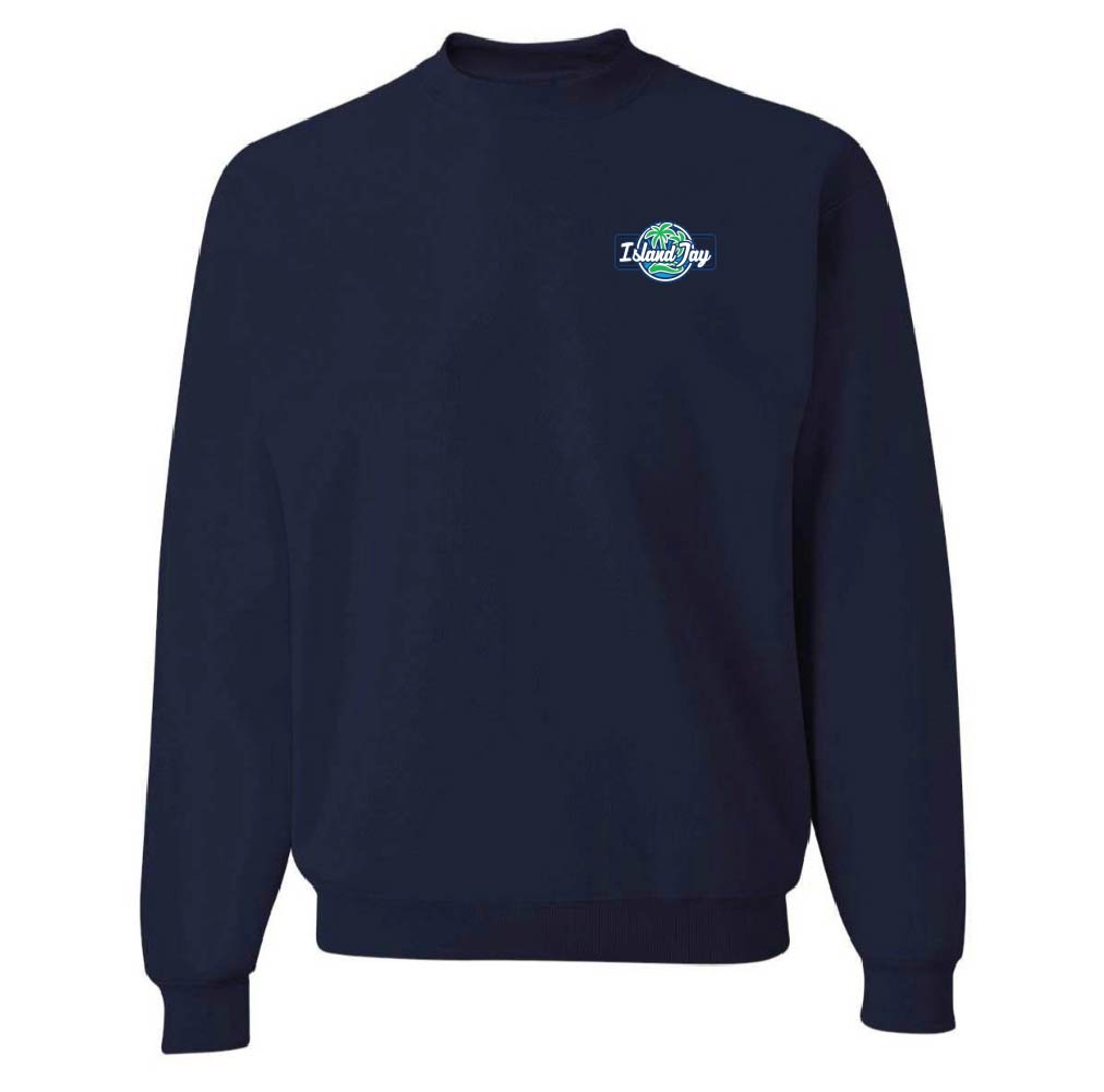 Navy blue sweatshirt with a logo on the chest against a white background