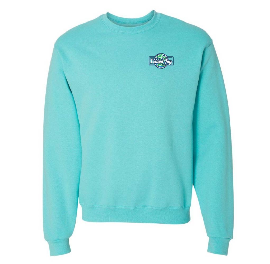 Turquoise sweatshirt with a logo on the chest against a white background