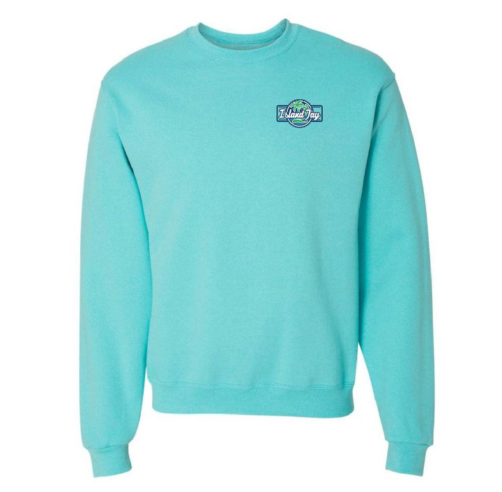 Turquoise sweatshirt with a logo on the chest against a white background
