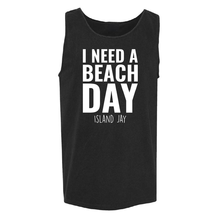 Black tank top with 'I NEED A BEACH DAY' text.