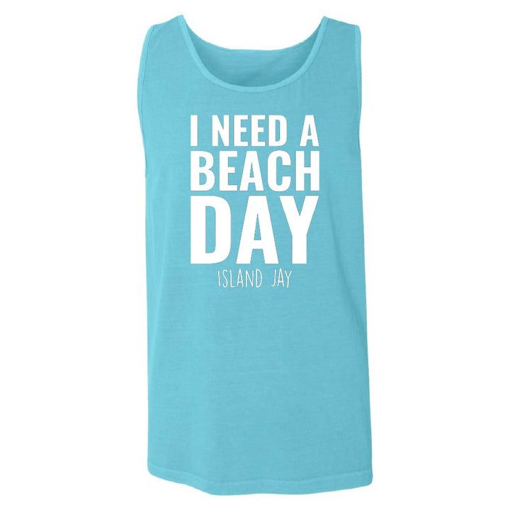 Blue tank top with 'I NEED A BEACH DAY' text.
