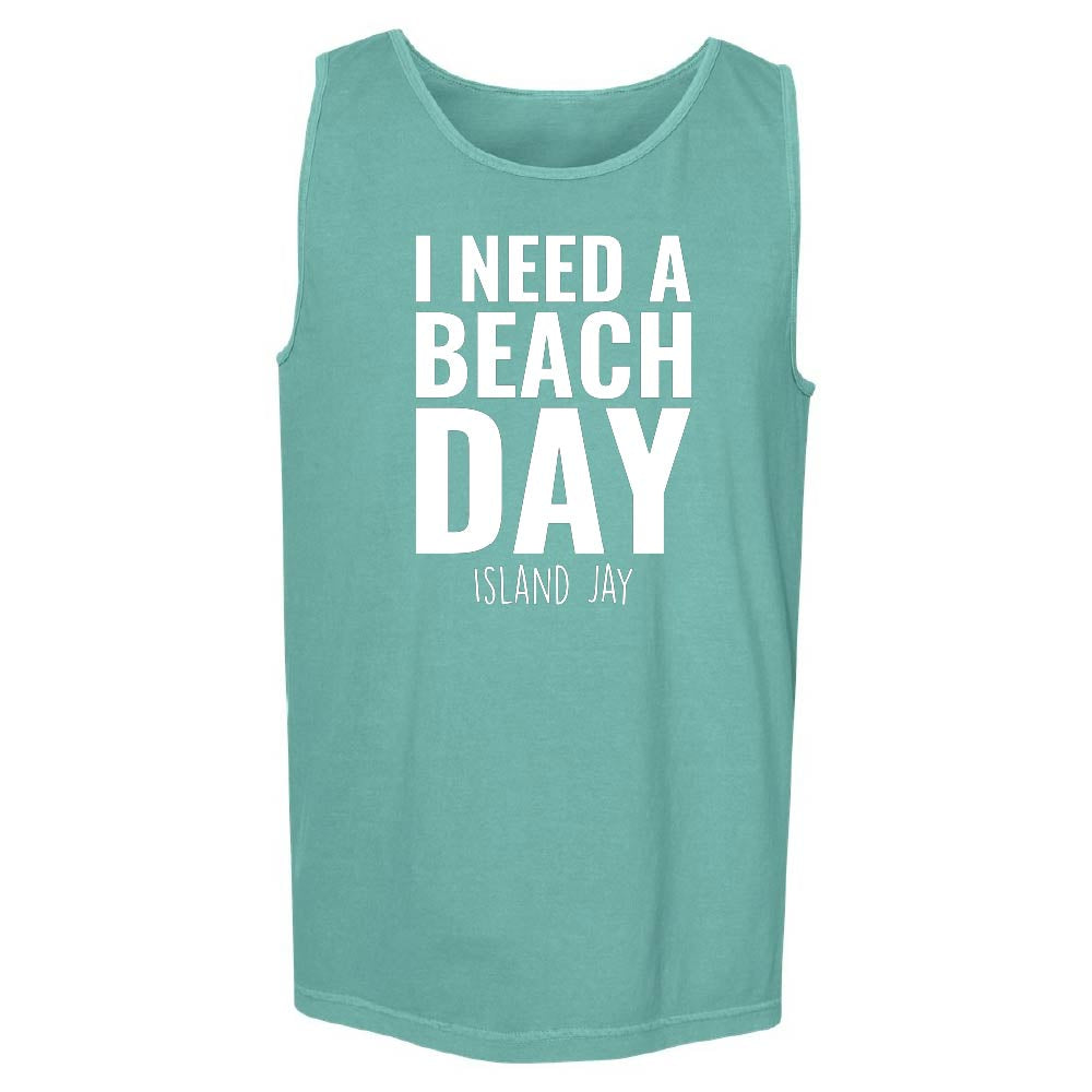 Teal tank top with 'I NEED A BEACH DAY' text.