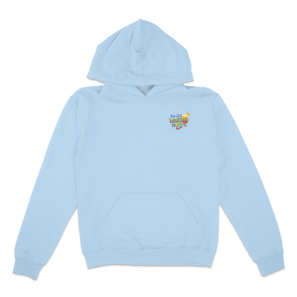 Light blue hoodie with a colorful graphic on the chest against a white background