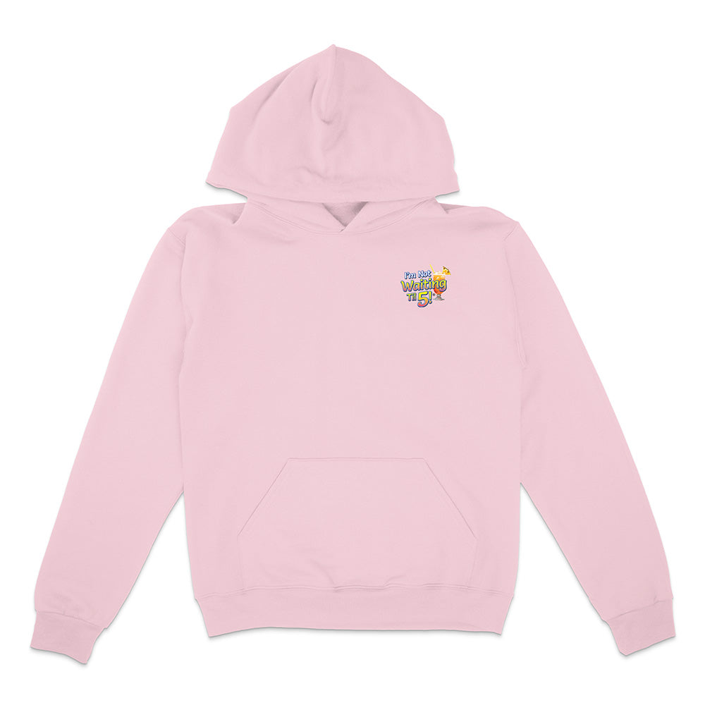 Pink hoodie with a colorful graphic on the chest against a white background