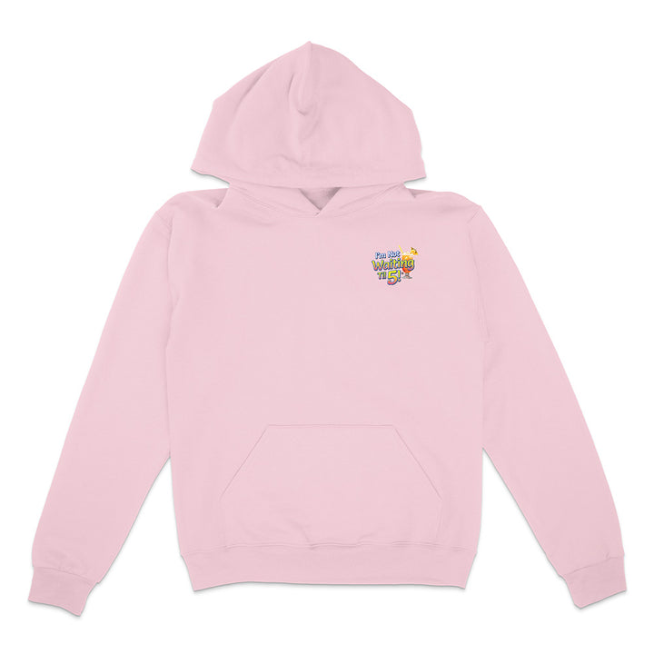 Pink hoodie with a colorful graphic on the chest against a white background