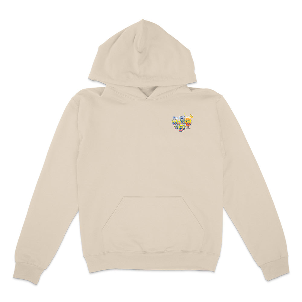 Beige hoodie with a colorful graphic on the chest against a white background