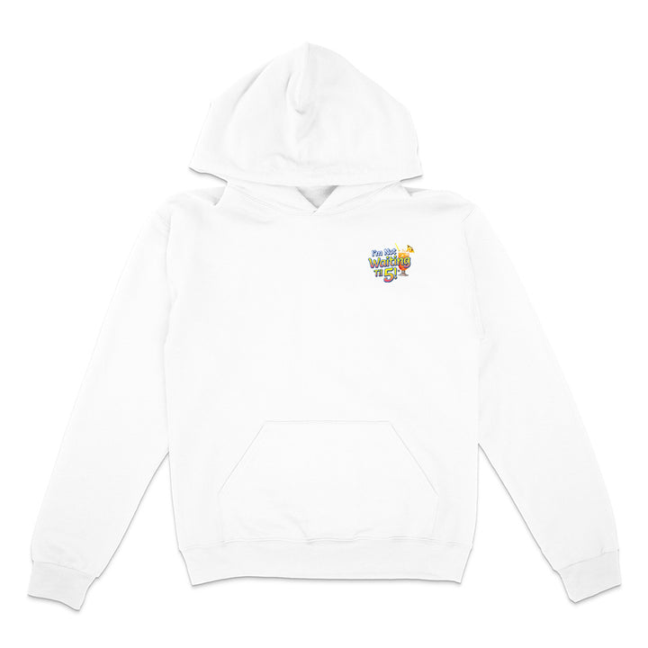 White hoodie with a colorful logo on a white background