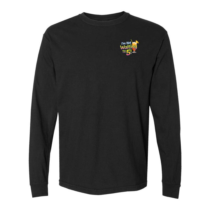 Black long-sleeve shirt with a mai tai graphic and text reading "I'm Not Waiting Til 5" on the left chest.