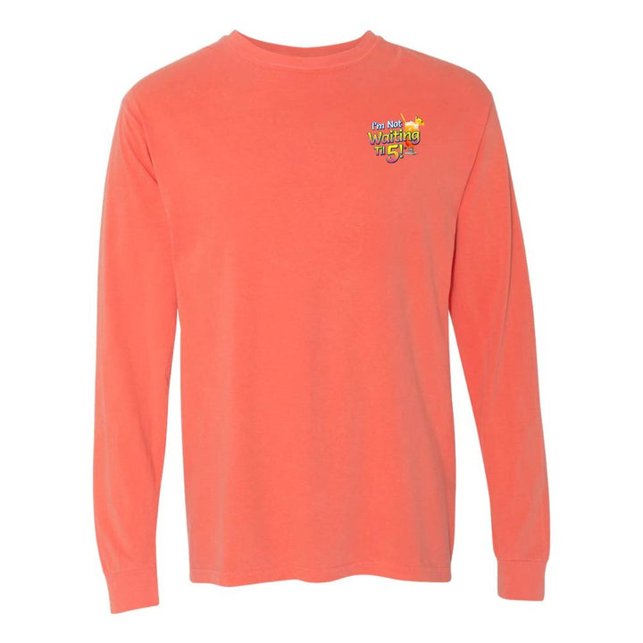 Light orange/red long-sleeve shirt with a mai tai graphic and text reading "I'm Not Waiting Til 5" on the left chest.