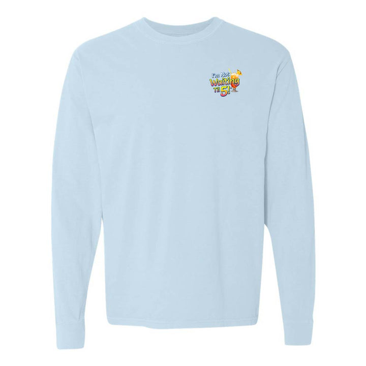 Light Blue long-sleeve shirt with a mai tai graphic and text reading "I'm Not Waiting Til 5" on the left chest.