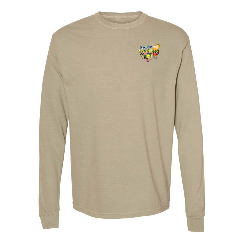 Khaki long-sleeve shirt with a mai tai graphic and text reading "I'm Not Waiting Til 5" on the left chest.