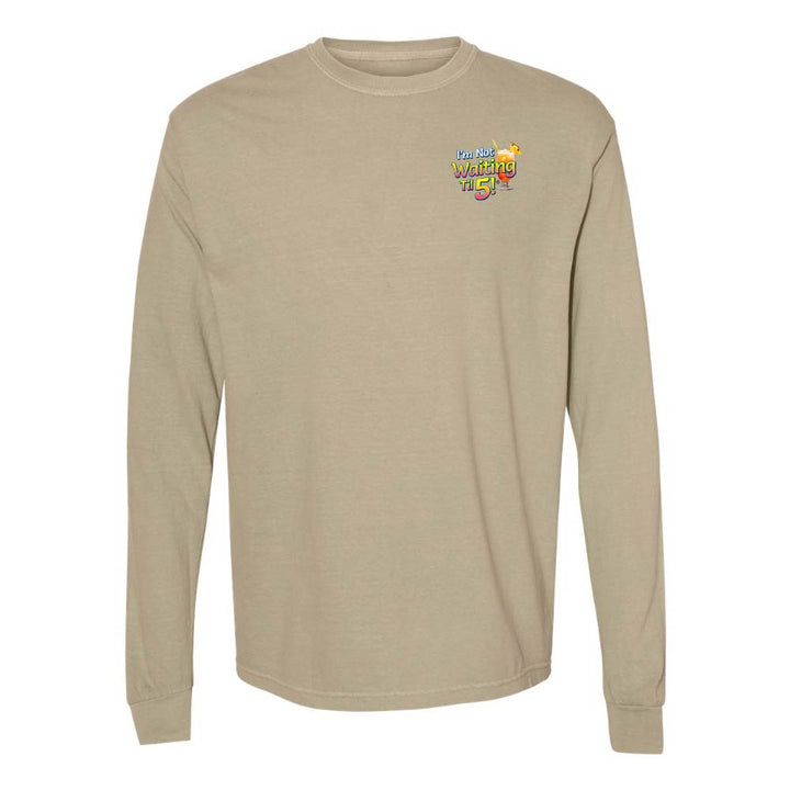 Khaki long-sleeve shirt with a mai tai graphic and text reading "I'm Not Waiting Til 5" on the left chest.