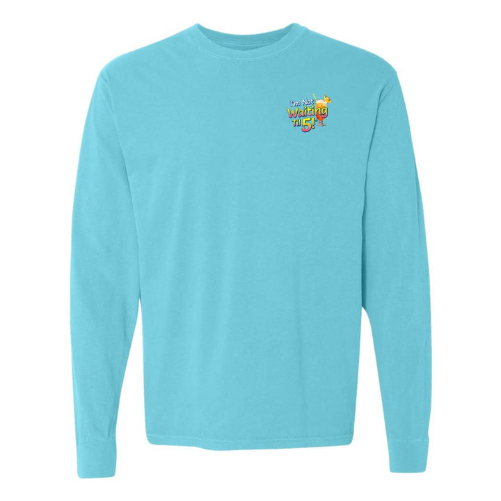 Blue long-sleeve shirt with a mai tai graphic and text reading "I'm Not Waiting Til 5" on the left chest.