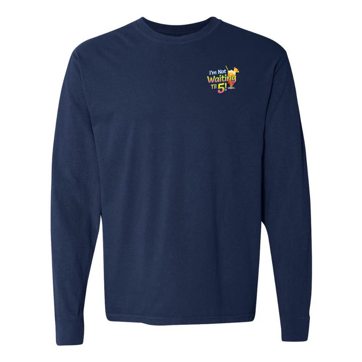 Navy long-sleeve shirt with a mai tai graphic and text reading "I'm Not Waiting Til 5" on the left chest.