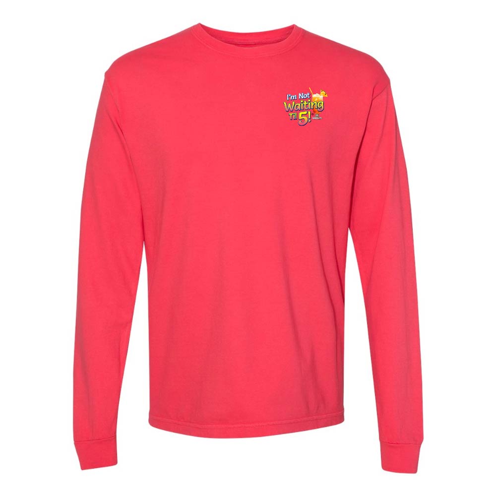 Red long-sleeve shirt with a mai tai graphic and text reading "I'm Not Waiting Til 5" on the left chest.