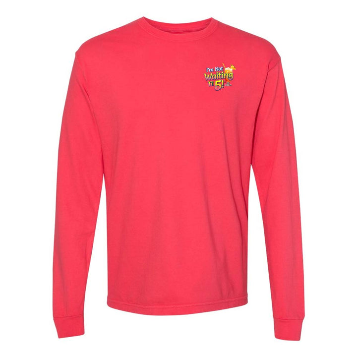 Red long-sleeve shirt with a mai tai graphic and text reading "I'm Not Waiting Til 5" on the left chest.