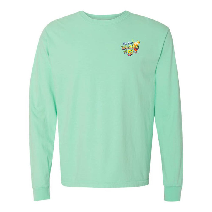 Mint green long-sleeve shirt with a mai tai graphic and text reading "I'm Not Waiting Til 5" on the left chest.