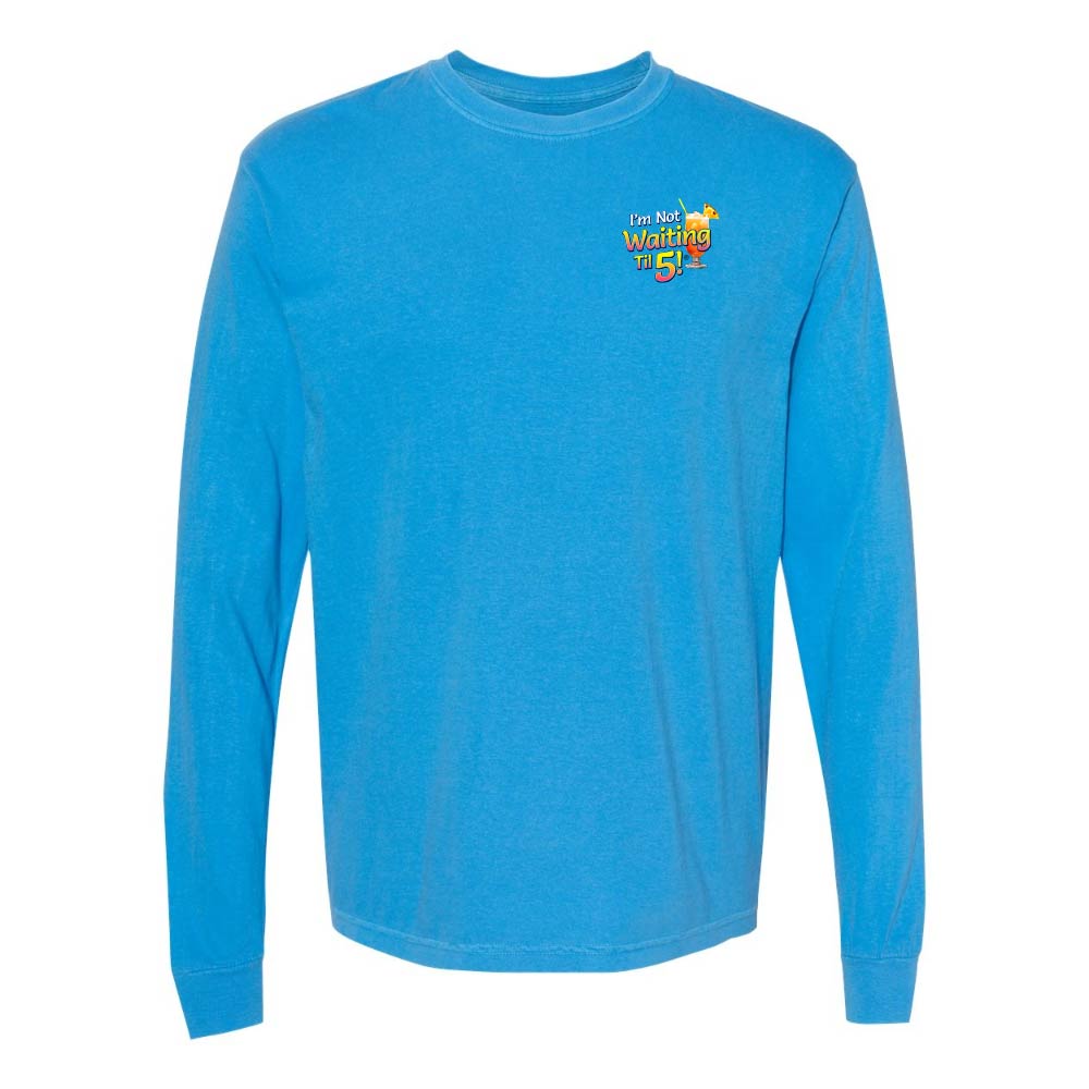 Blue long-sleeve shirt with a mai tai graphic and text reading "I'm Not Waiting Til 5" on the left chest.