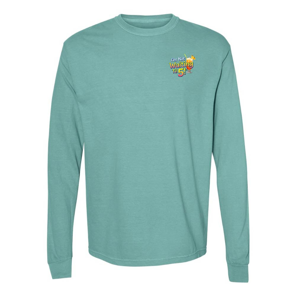 Teal/green long-sleeve shirt with a mai tai graphic and text reading "I'm Not Waiting Til 5" on the left chest.