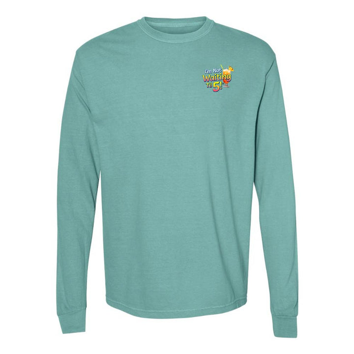 Teal/green long-sleeve shirt with a mai tai graphic and text reading "I'm Not Waiting Til 5" on the left chest.