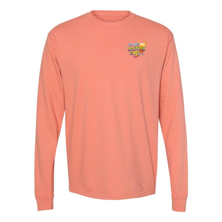Light orange long-sleeve shirt with a mai tai graphic and text reading "I'm Not Waiting Til 5" on the left chest.