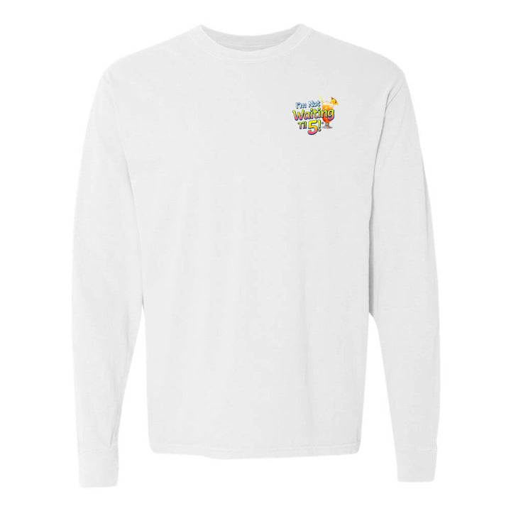 White long-sleeve shirt with a mai tai graphic and text reading "I'm Not Waiting Til 5" on the left chest.