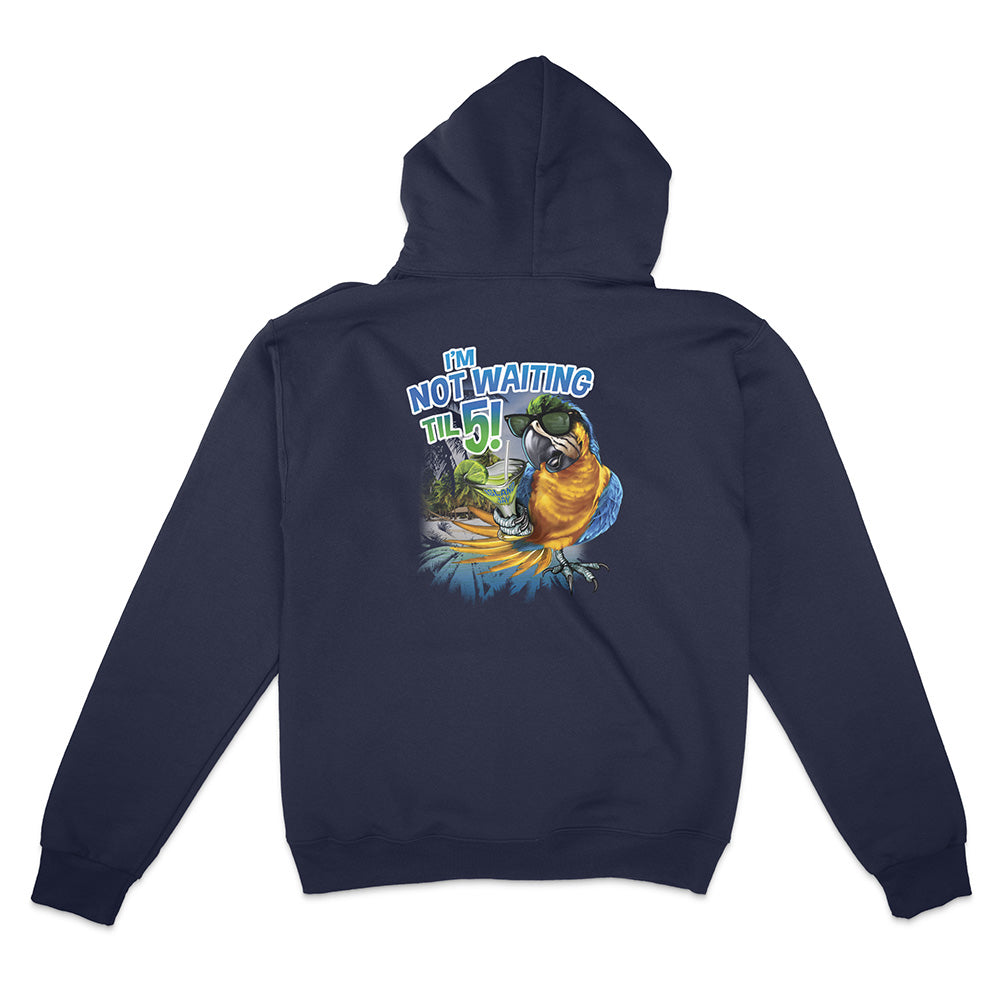 Navy blue hoodie with a colorful parrot graphic and text on the back, on a white background