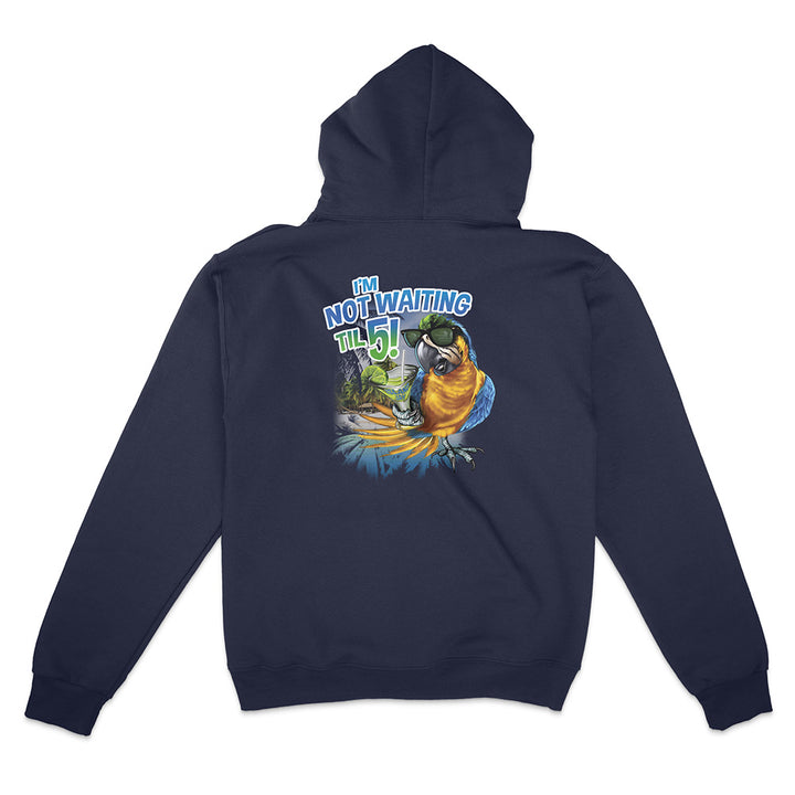 Navy blue hoodie with a colorful parrot graphic and text on the back, on a white background